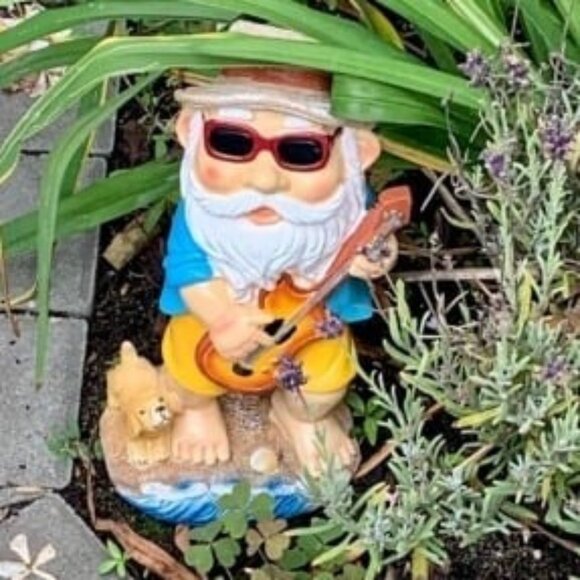 Garden Gnome with Guitar and Puppy, Polyresin Outdoor Decor, Funny Lawn Statue - Picture 2 of 2